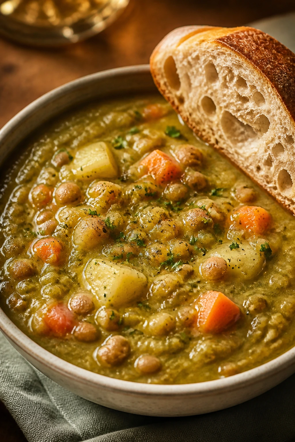 Thick split pea soup with carrots and potatoes in a bowl