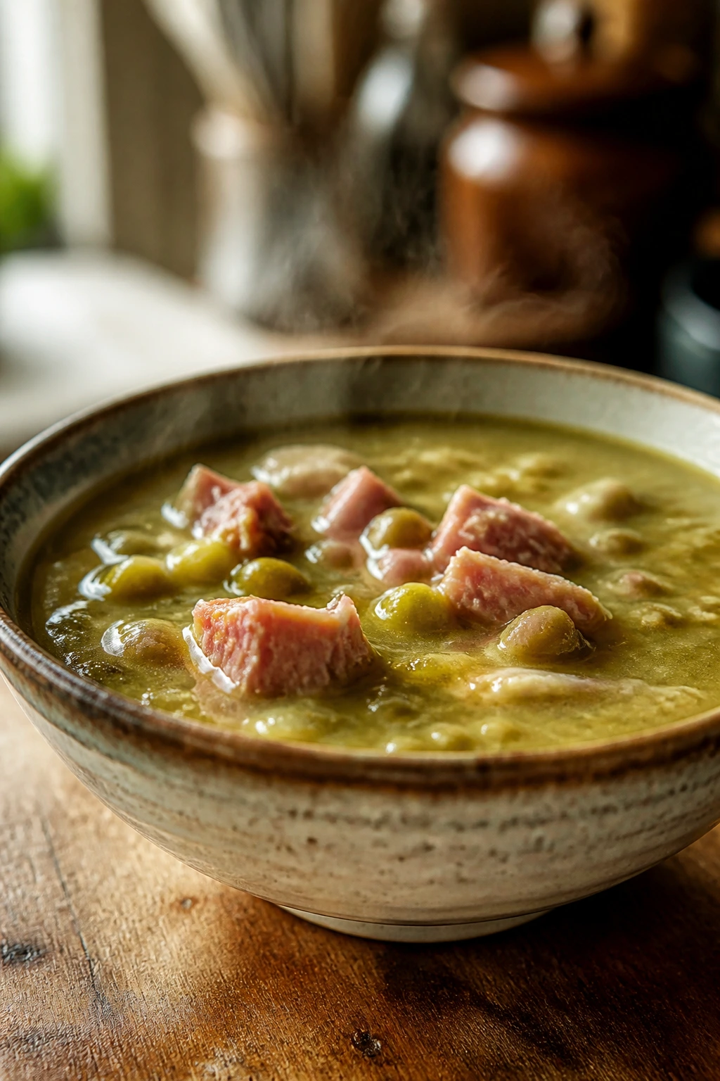Close-up of split pea soup with ham in a rustic bowl on a wooden table