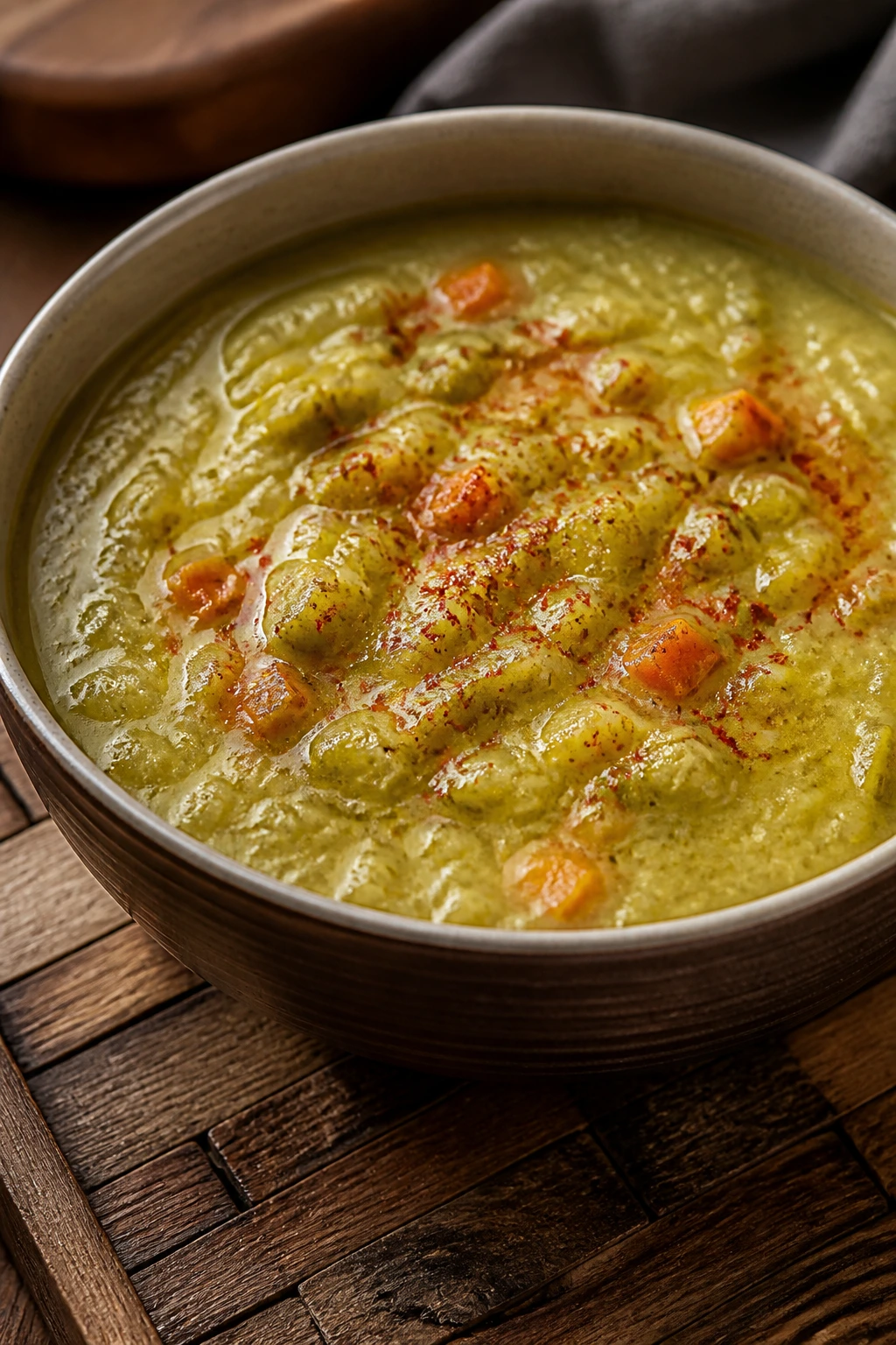 Close-up of split pea soup with smoked paprika
