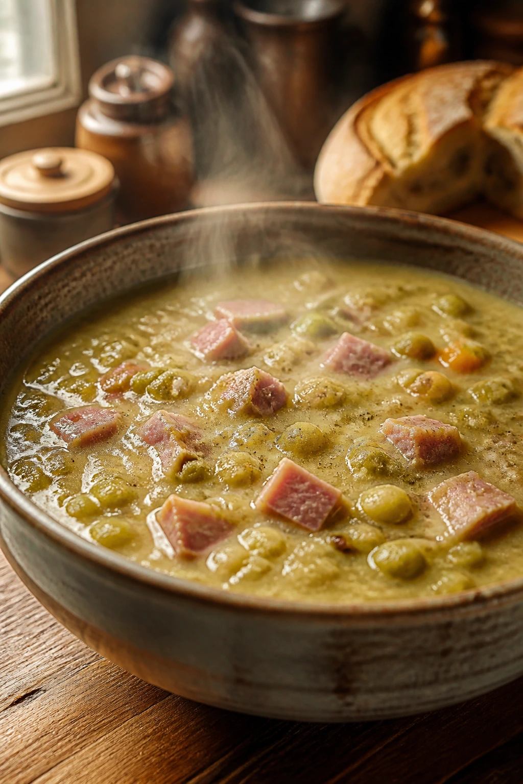 Close-up of thick split pea soup with ham chunks in a rustic bowl.