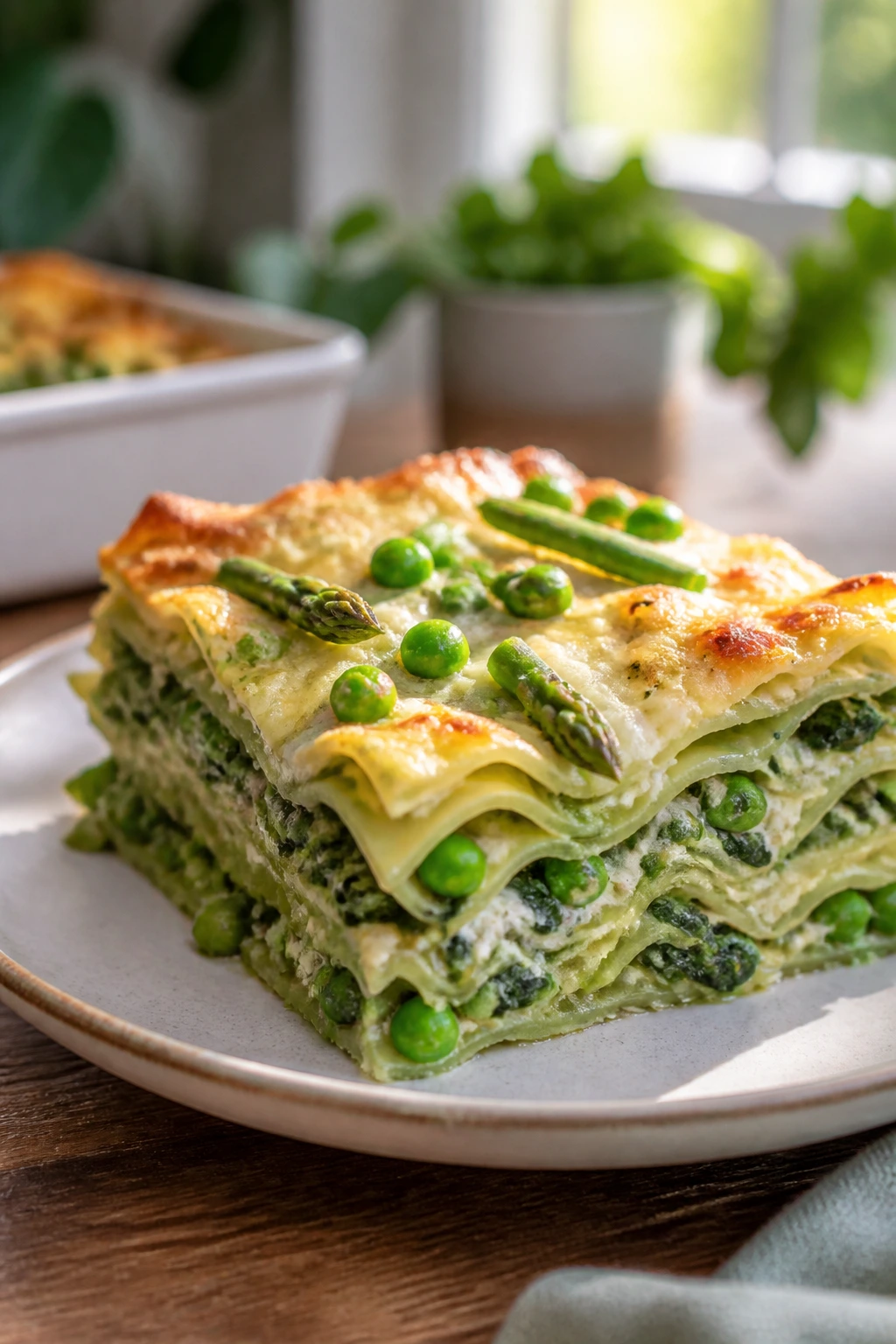 Close-up of spring vegetable lasagna slice in a sunlit kitchen