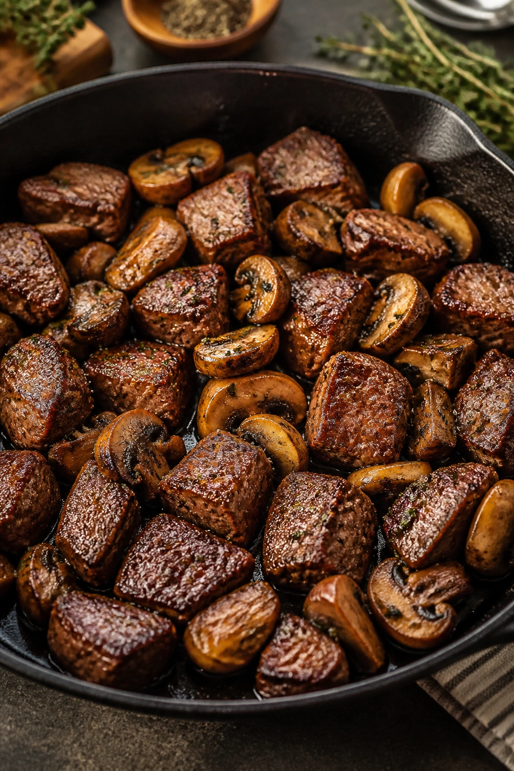 Close-up of steak bites and mushrooms in a skillet