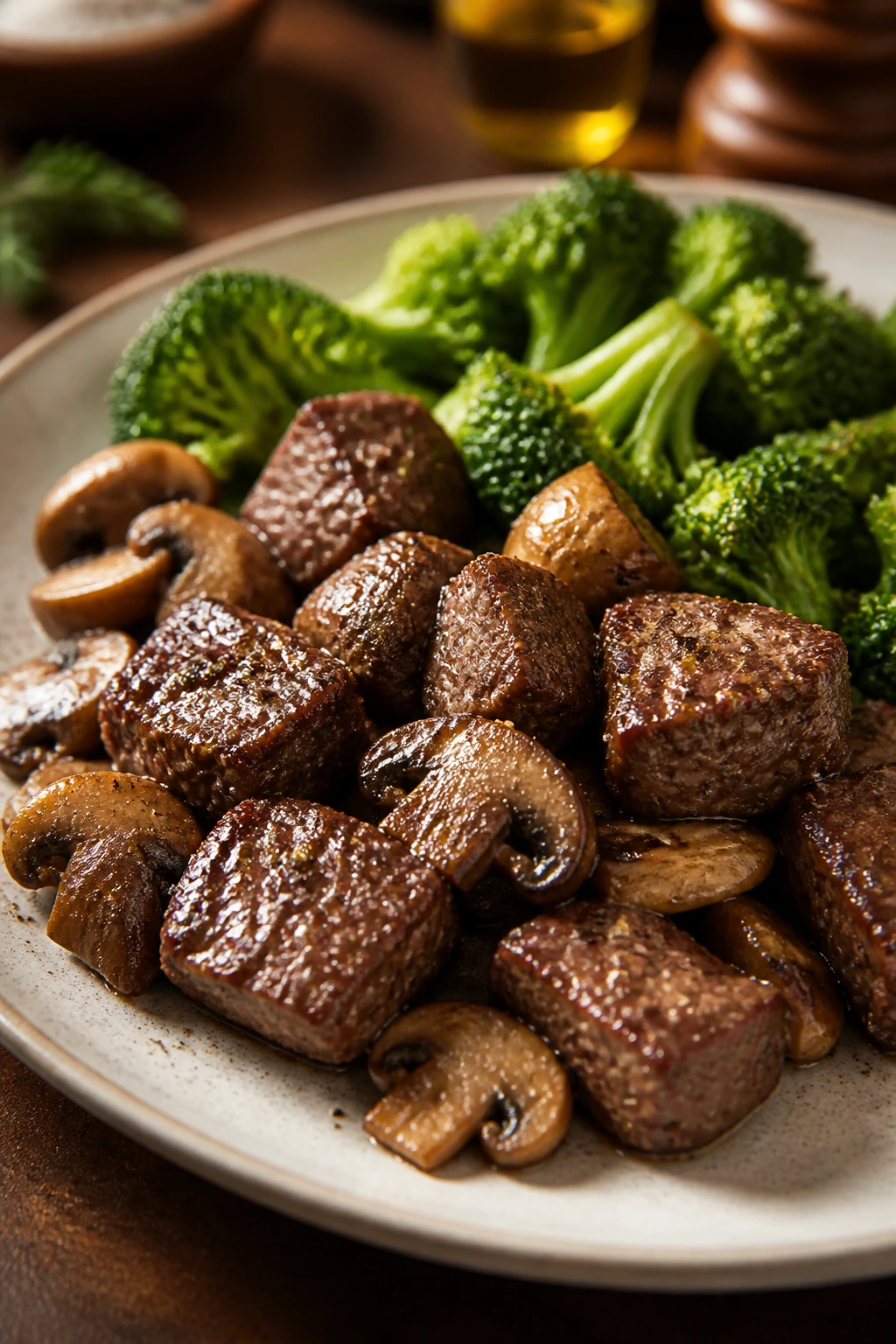 Steak bites with mushrooms and broccoli on a plate