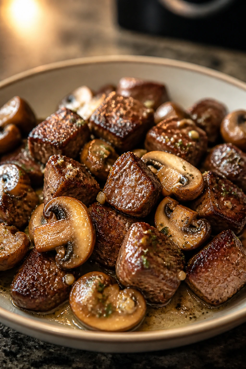 Steak bites with mushrooms and garlic butter on a plate