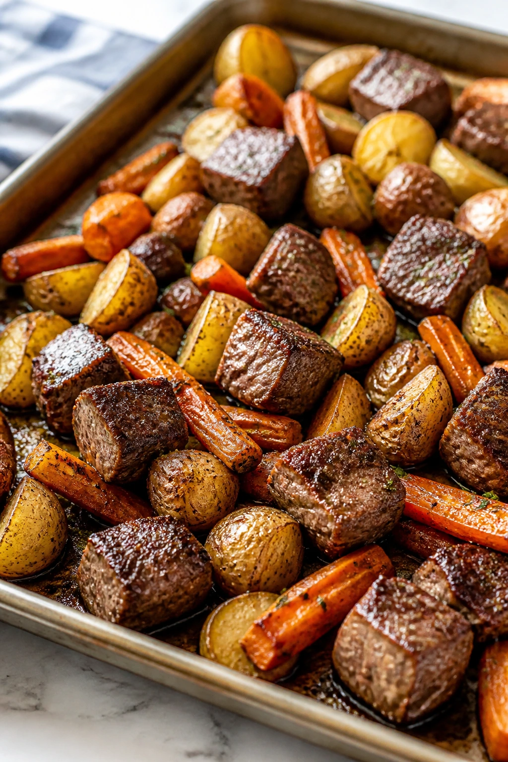 Close-up of Steak Bites with Potatoes and Carrots on sheet pan