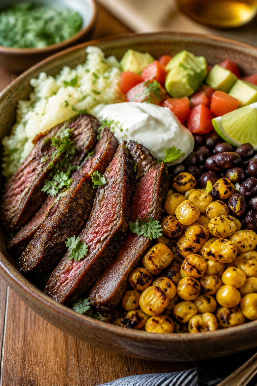Steak burrito bowl with charred corn and cilantro-lime rice