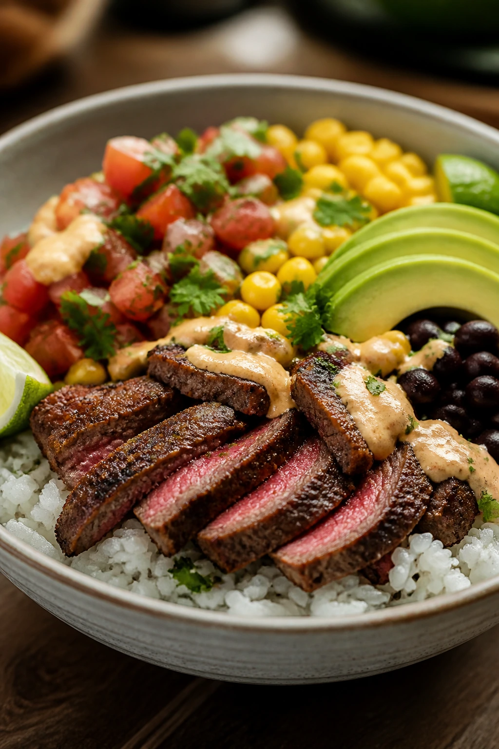 Close-up of steak burrito rice bowl with avocado and beans