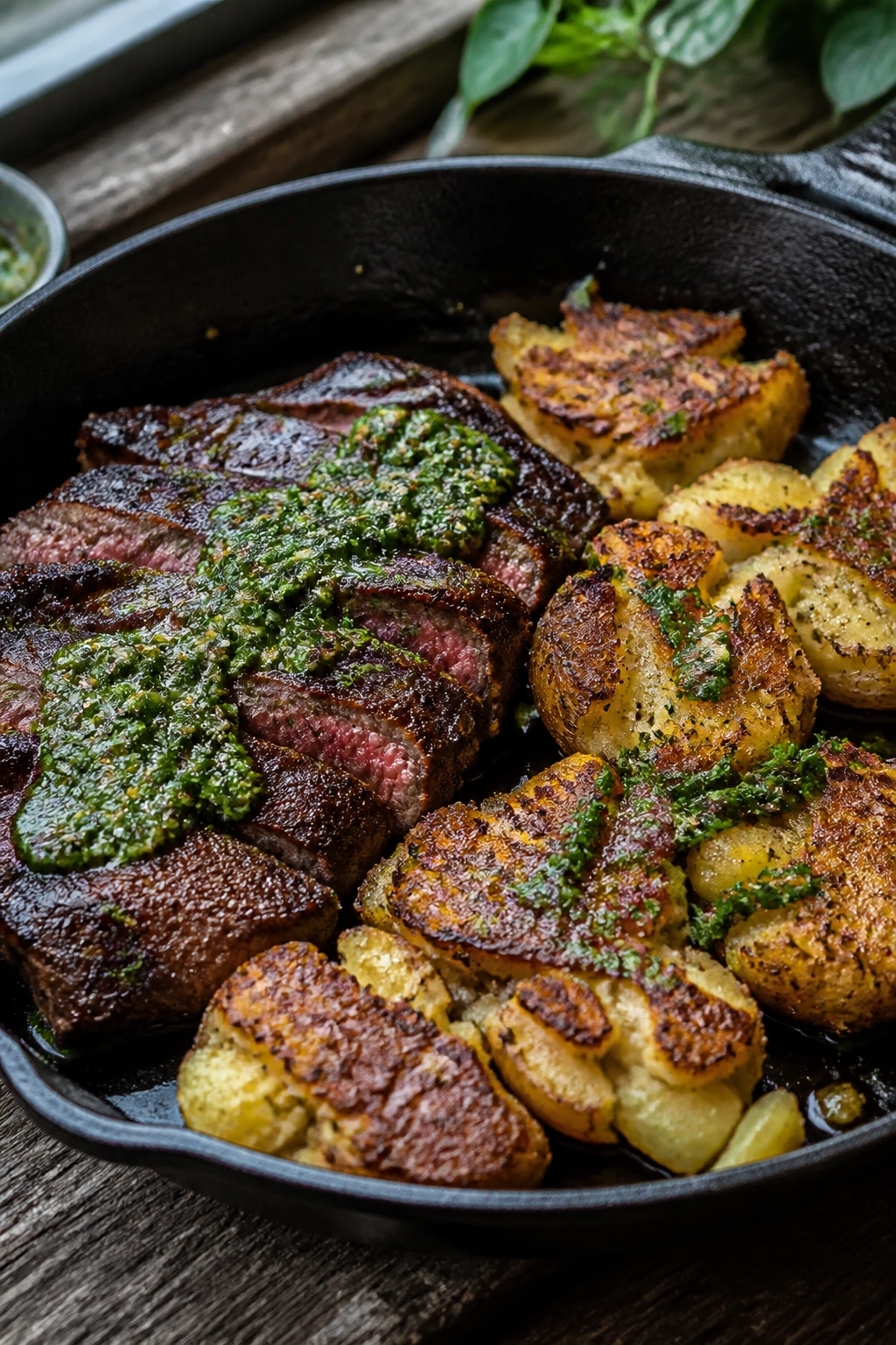 cast-iron skillet with steak and craggy smashed potatoes, chimichurri