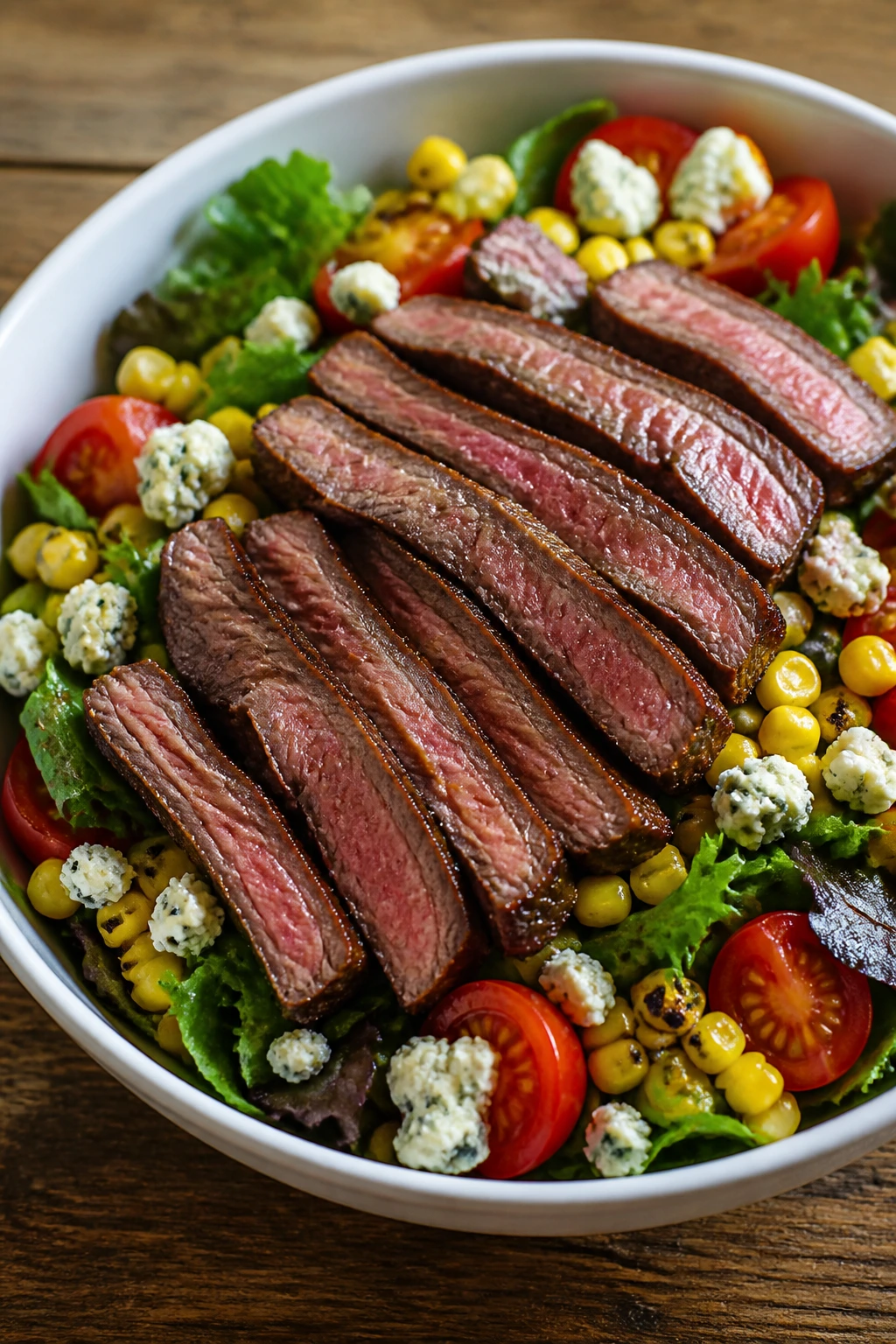 Medium close-up of steak salad with corn, tomatoes and blue cheese on greens