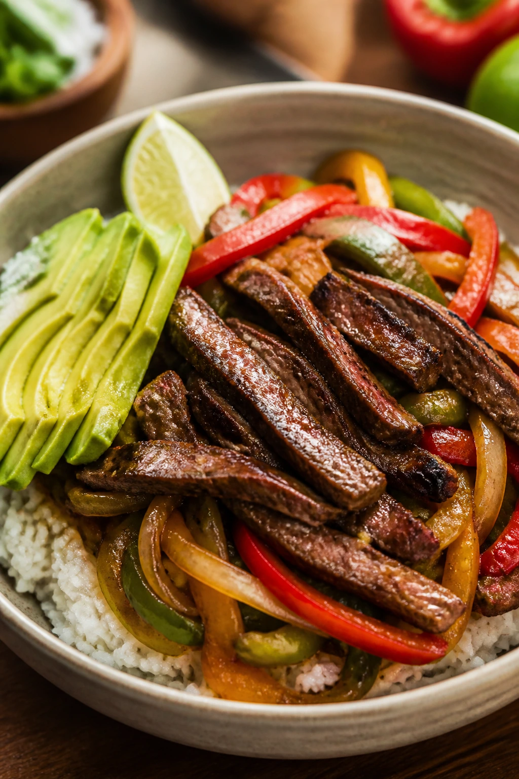 Close-up of steak fajita rice bowls with peppers, onions, avocado, and lime