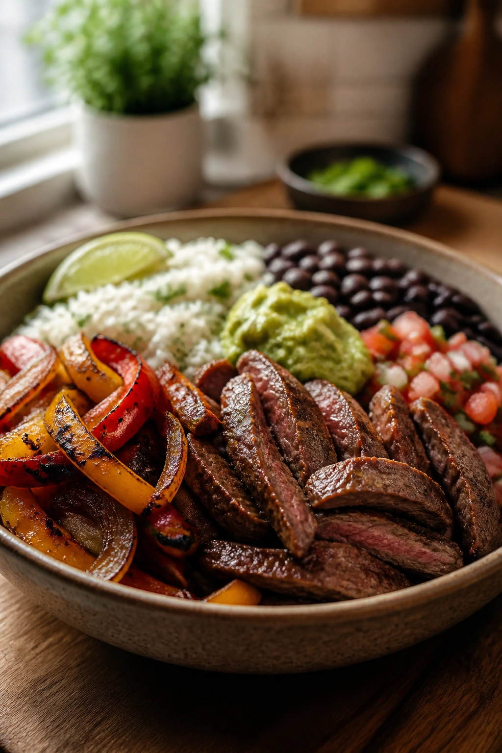 Steak fajita burrito bowl with peppers and onions