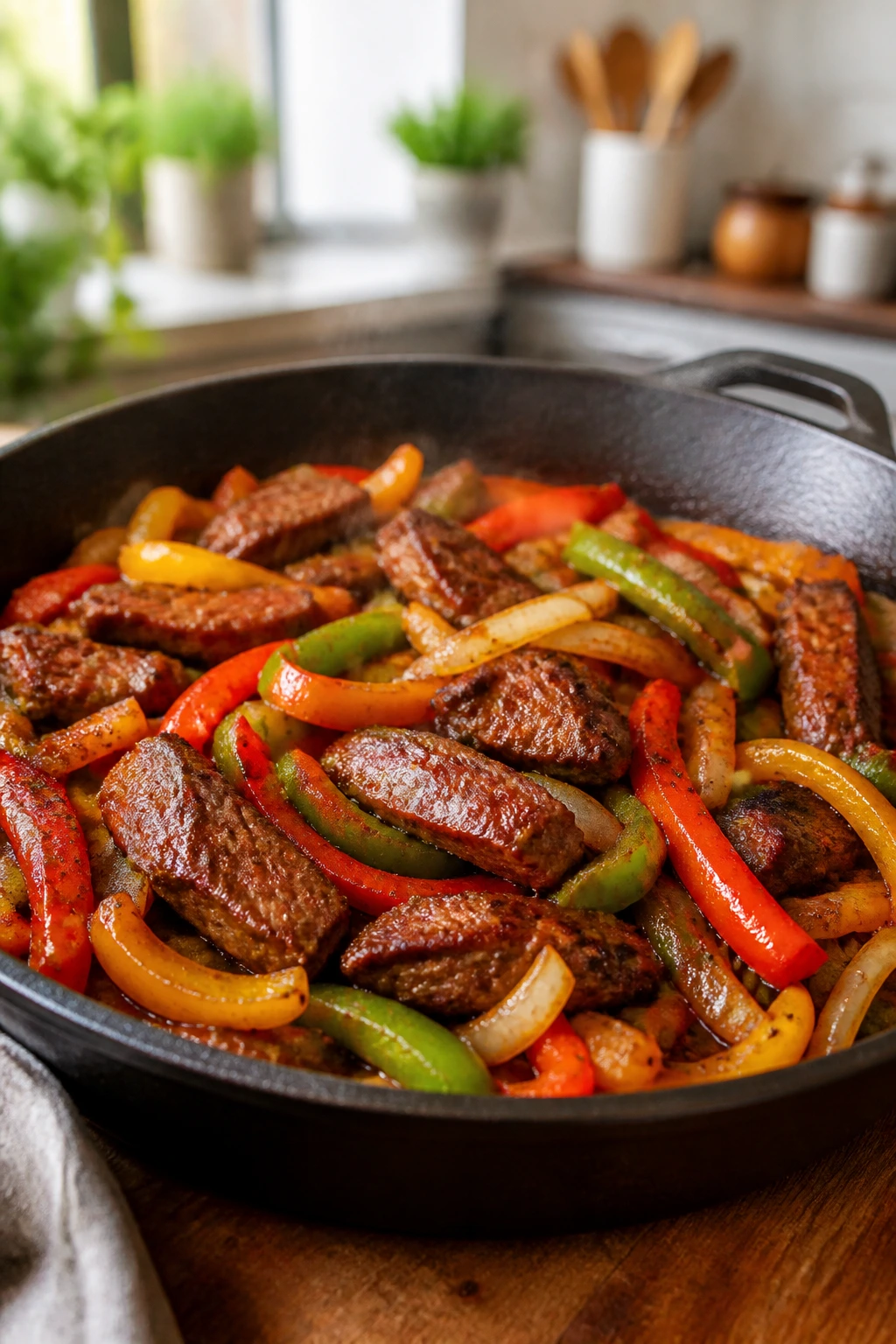 Sizzling steak fajita peppers in a skillet on a wooden table