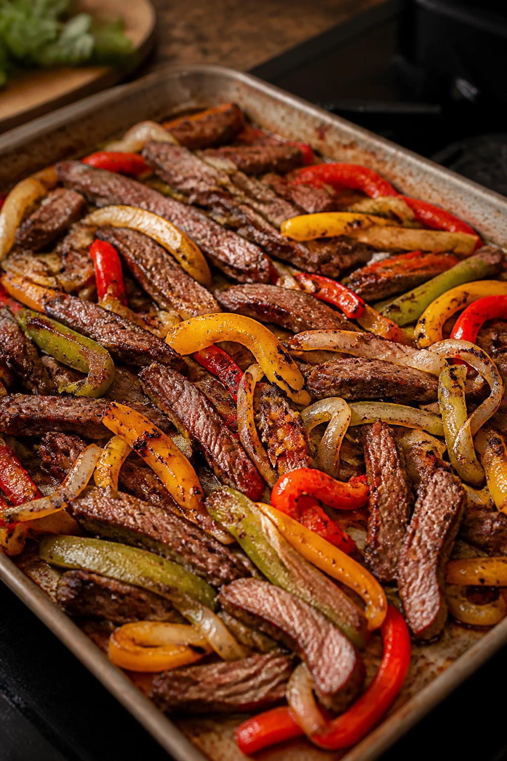 Steak fajita with peppers and onions on a sheet pan