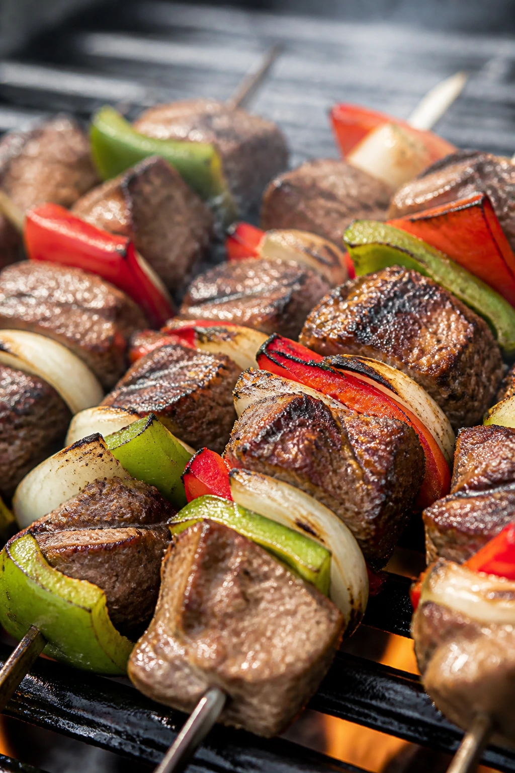 Close-up of steak fajita skewers with peppers and onions on a grill.