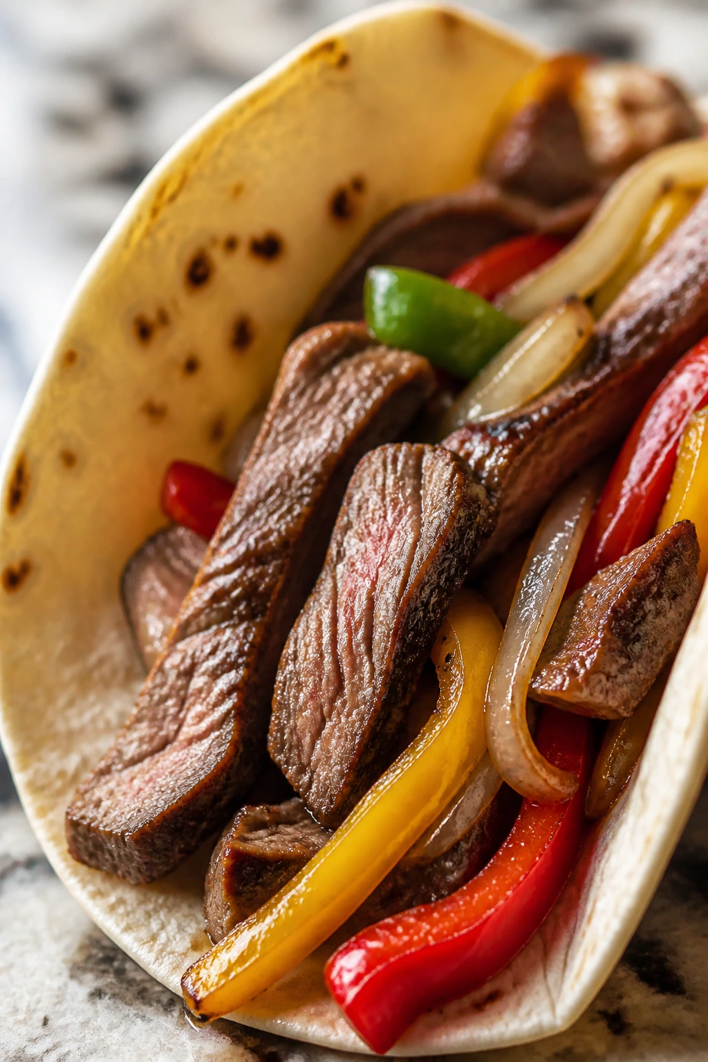 Close-up of steak fajita taco with peppers and onions