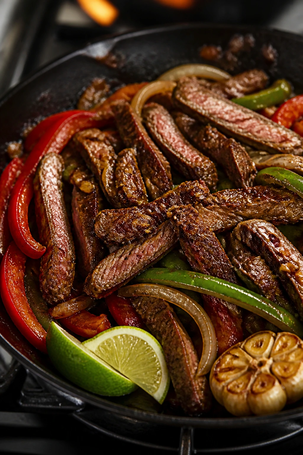 Close-up of steak fajitas with lime and garlic in a skillet