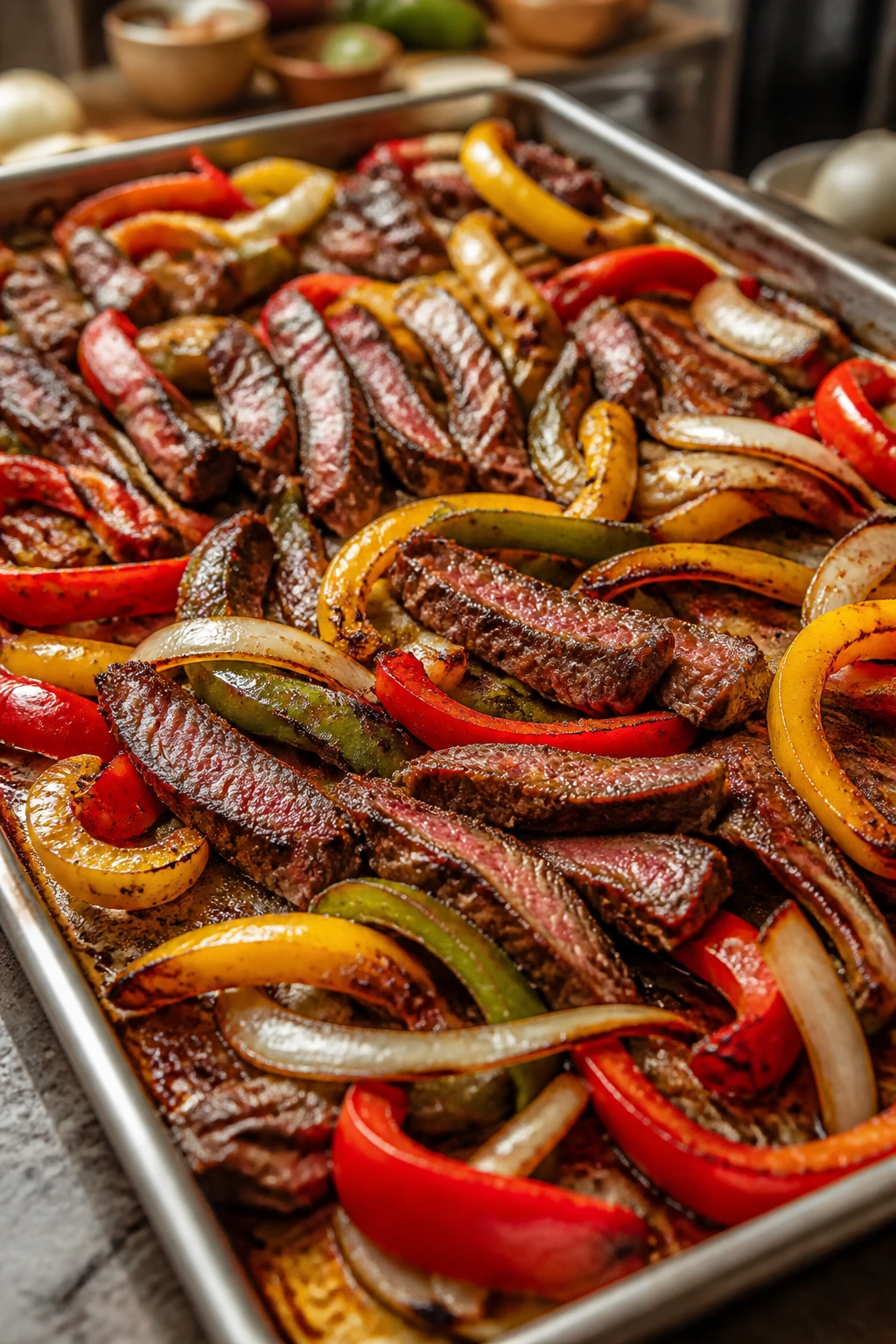 Sheet pan steak fajitas with peppers and onions filling the frame