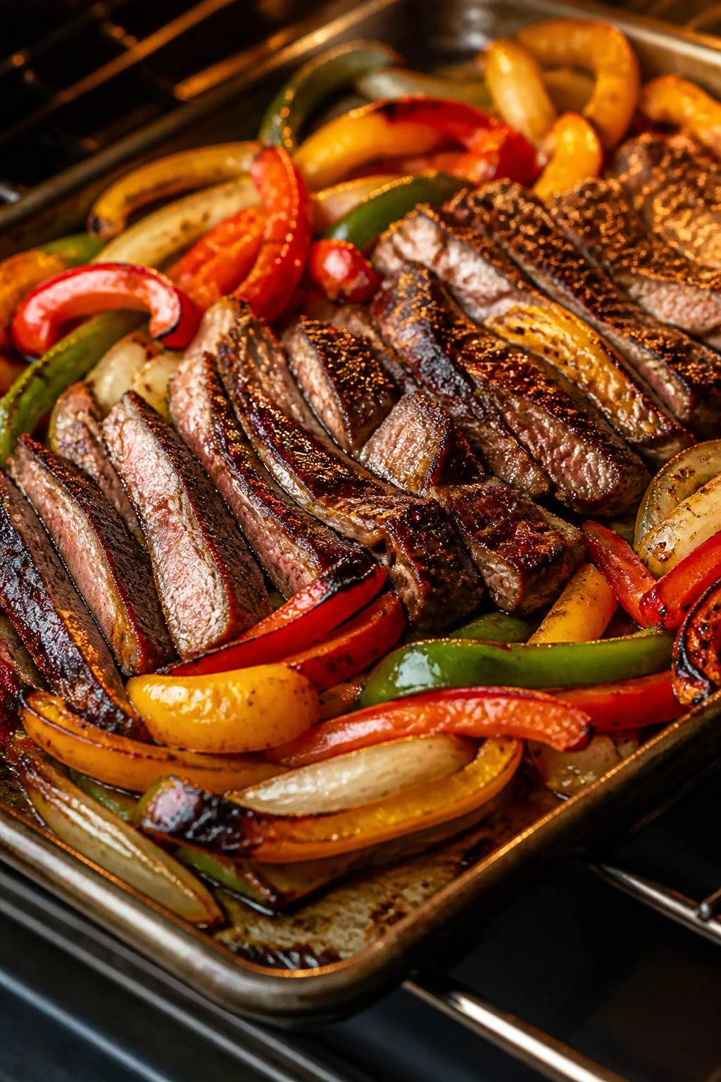 Close-up of steak fajitas on sheet pan with peppers.
