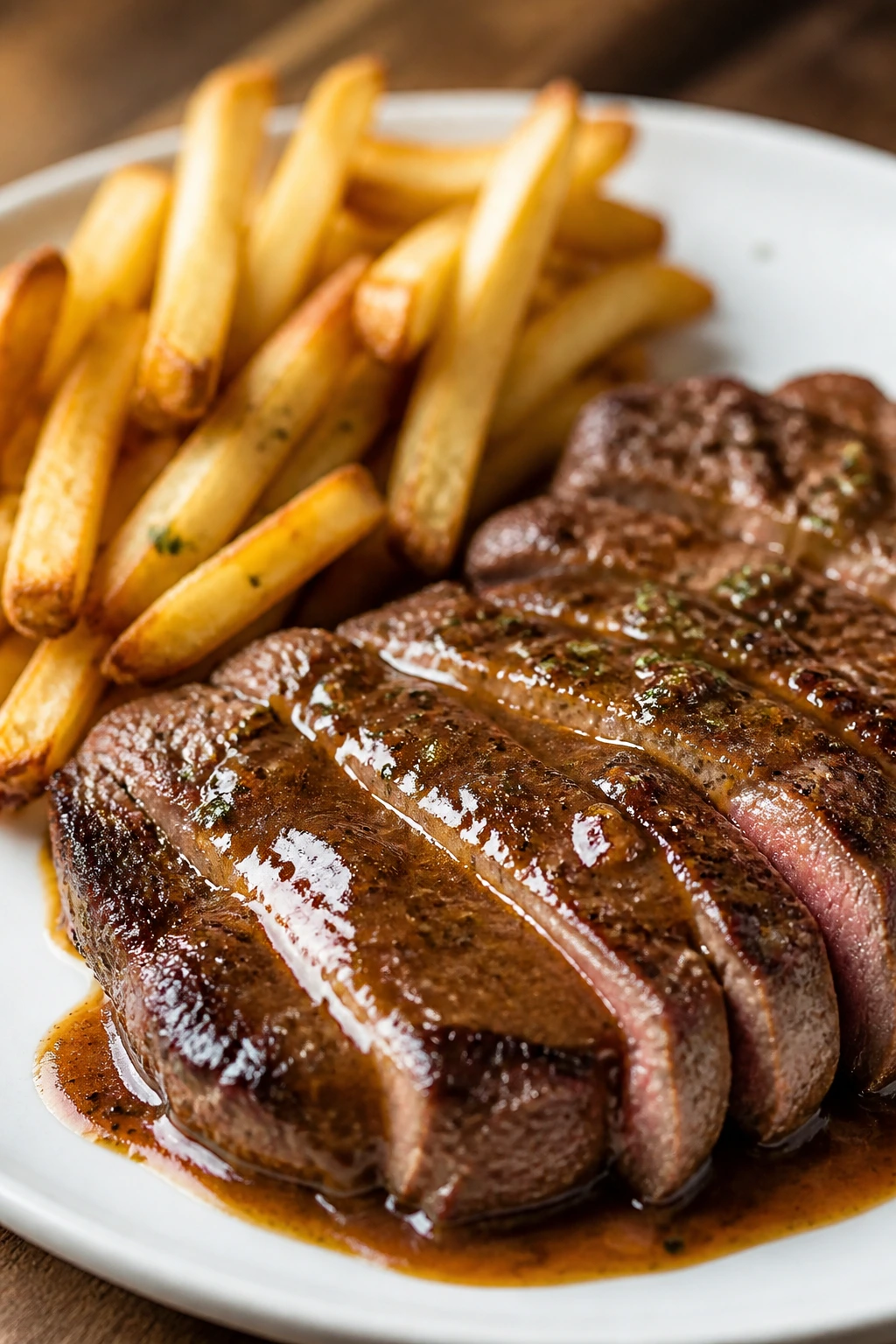 Close-up of steak frites with pan sauce on a rustic plate in a cozy home kitchen
