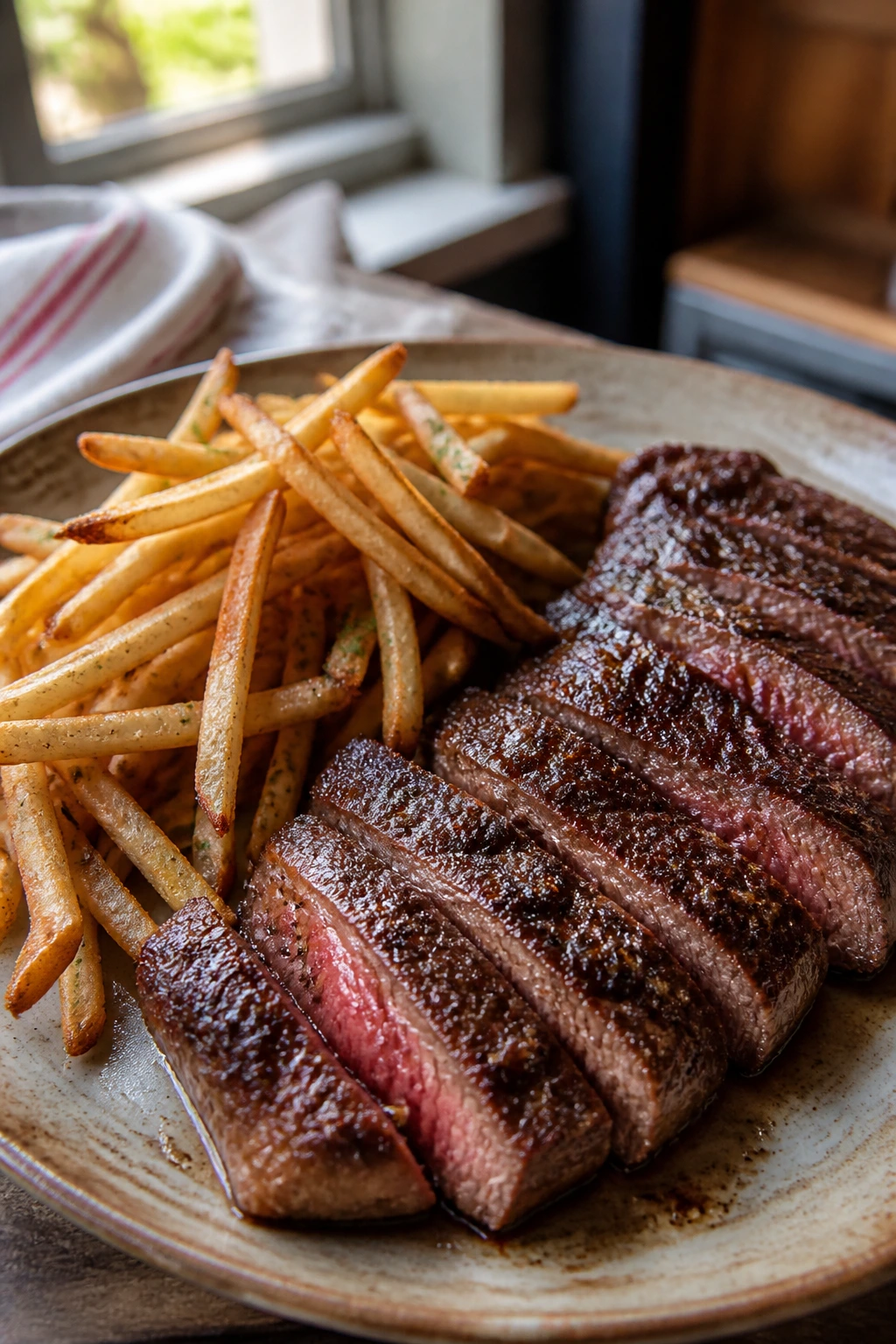 Close-up of steak frites on a rustic plate in a cozy kitchen