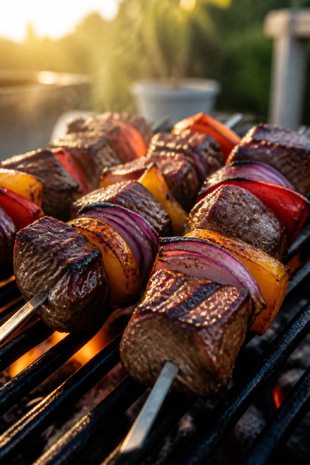 Steak kebabs with peppers and onions on a grill