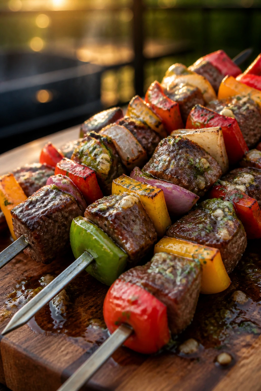 Steak and pepper kebabs with garlic butter on a wooden board outdoors