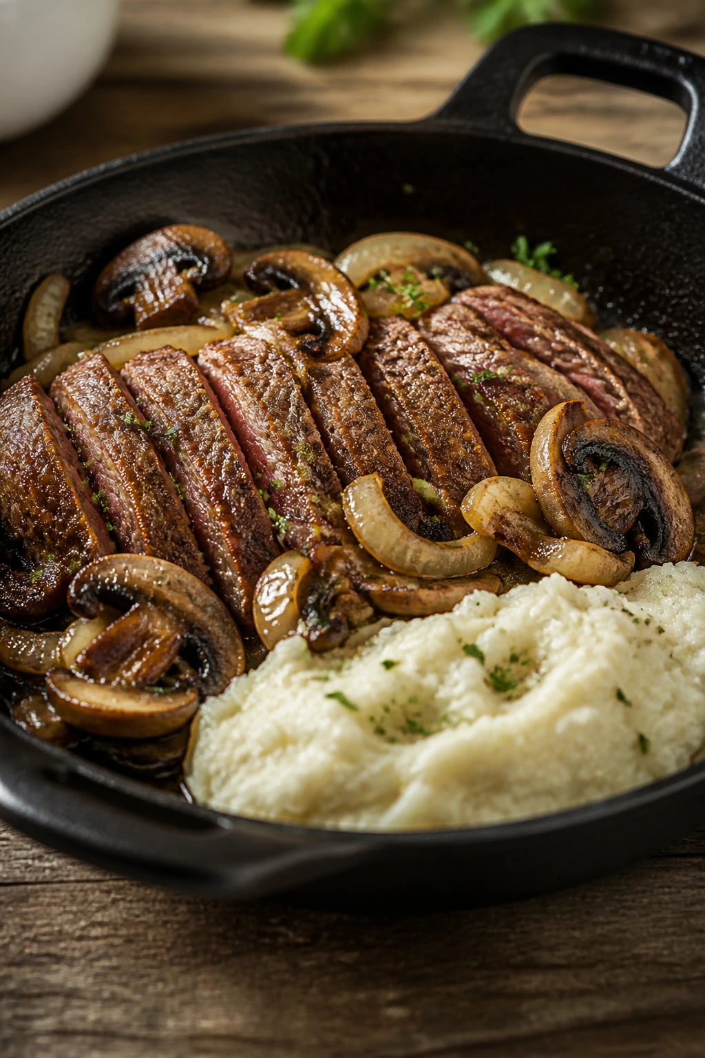 Close-up steak and mushroom skillet with cauliflower mash