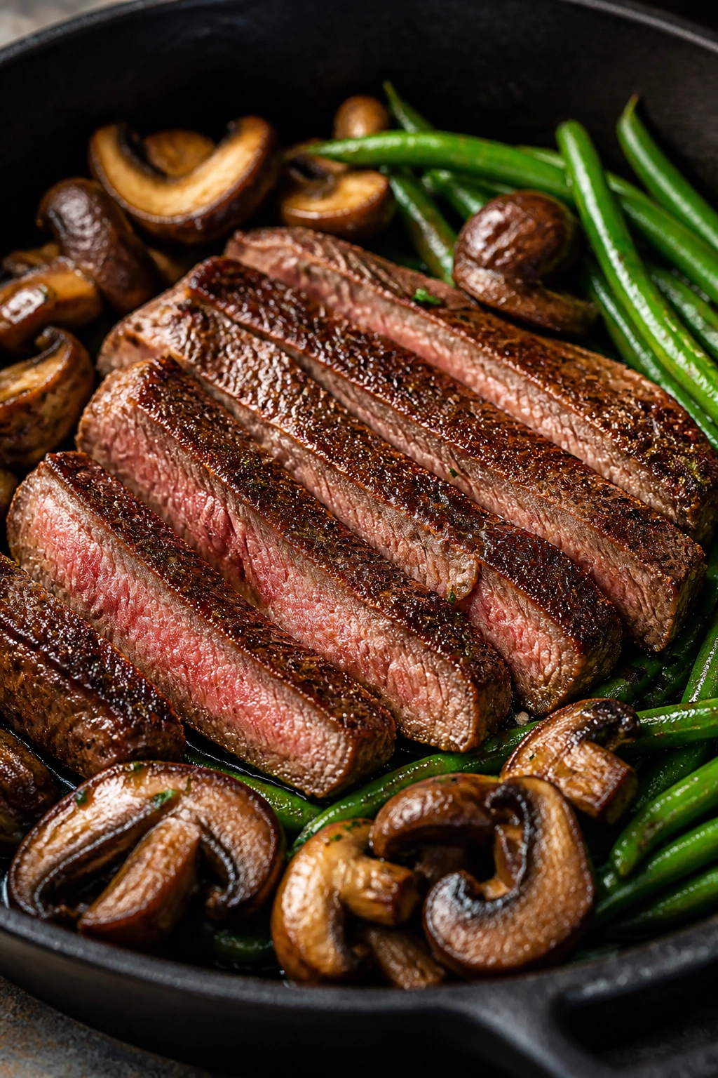 Close-up steak with mushrooms and green beans in skillet