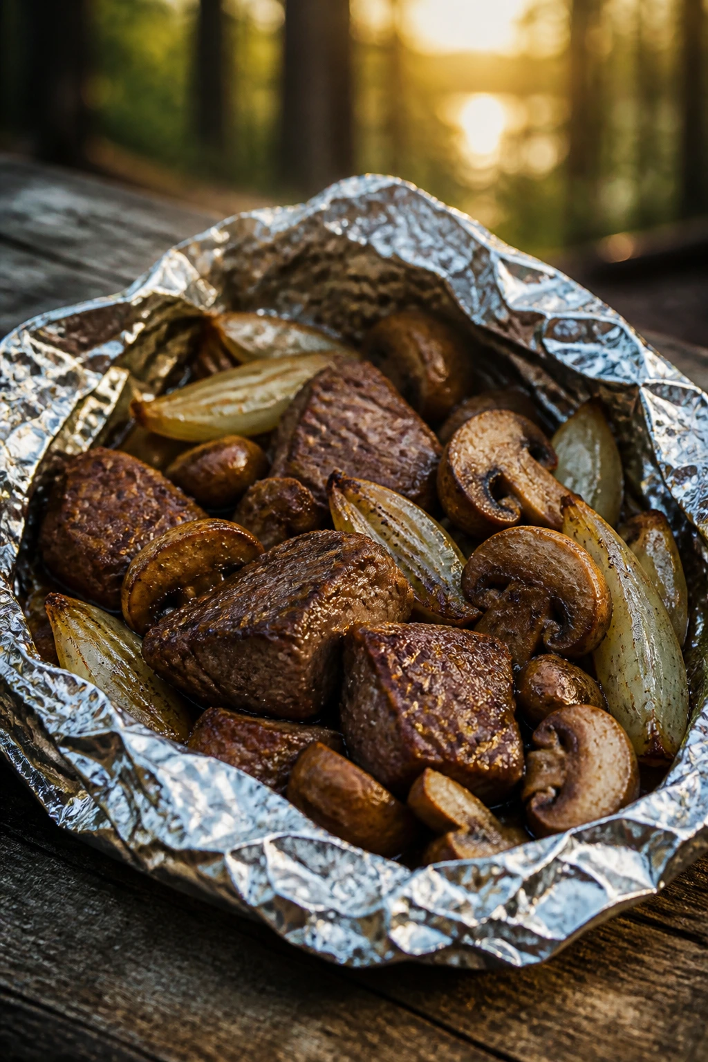Close-up of steak, mushrooms and onions in foil packet over campfire setting.