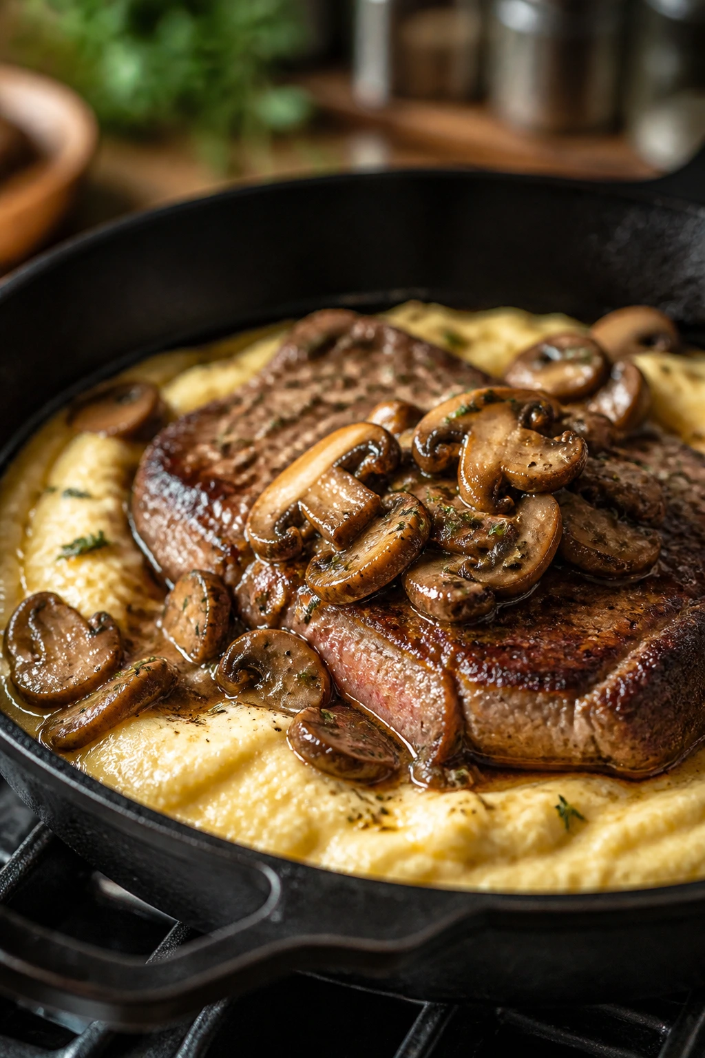 Close-up of steak with mushrooms and creamy polenta