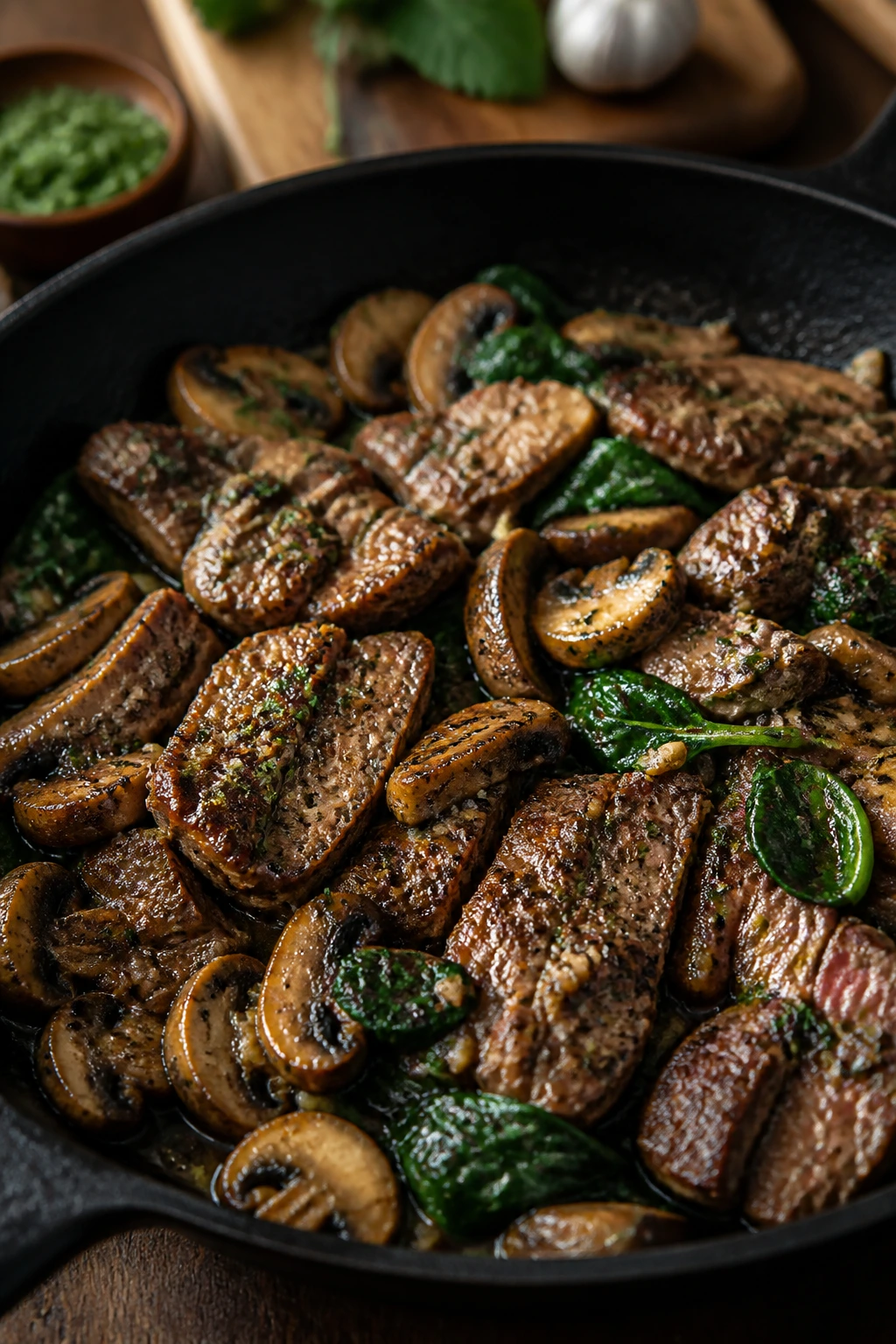 Close-up of steak, mushrooms, and spinach in a skillet