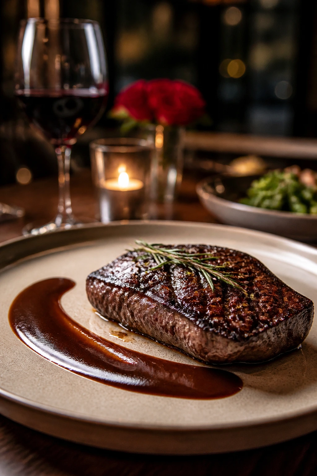 Steak plated on a warm plate with a sauce swoosh in an intimate setting
