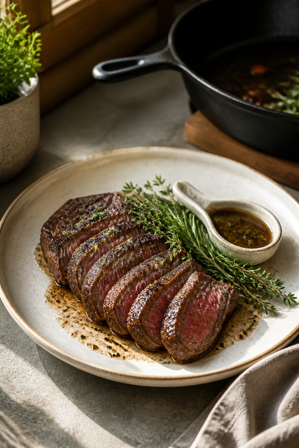 Close-up of a plated steak showing slicing and fan arrangement with herb garnish