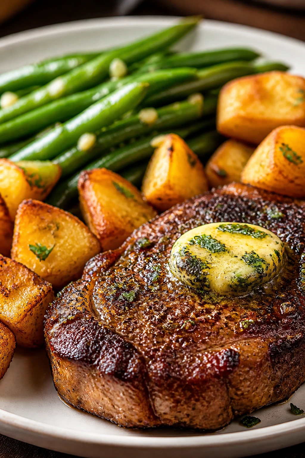 Juicy seared steak with crispy potatoes and green beans.