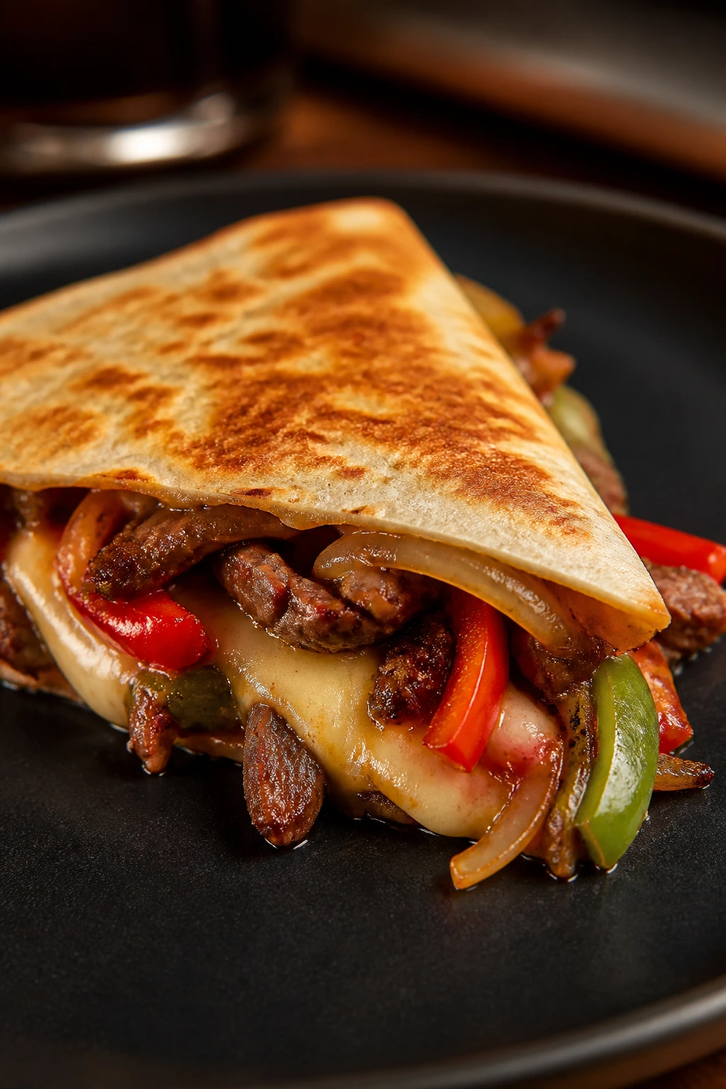 Quesadilla with steak, peppers, and onions melted cheese