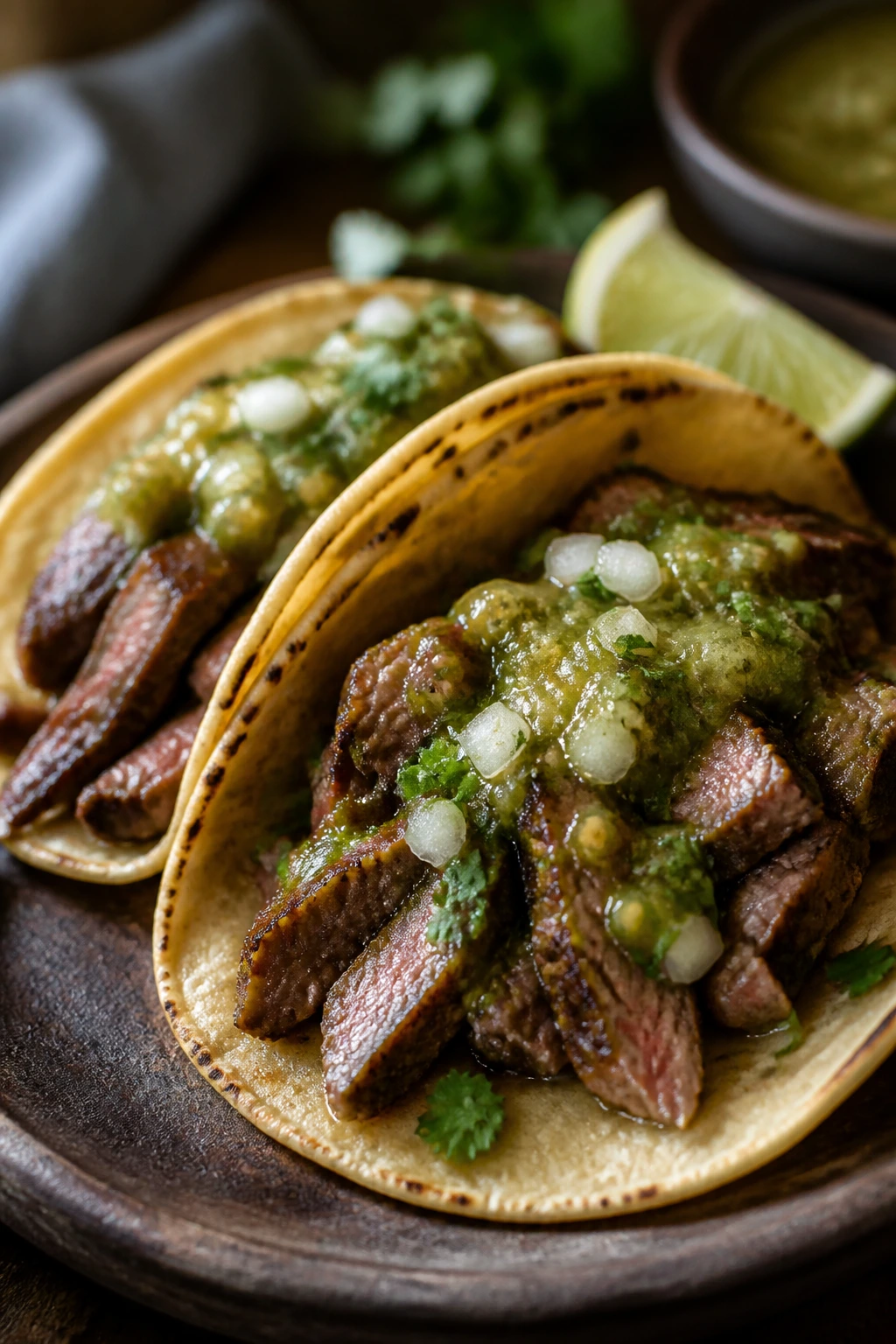 Close-up of Steak Tacos with Salsa Verde on a rustic surface