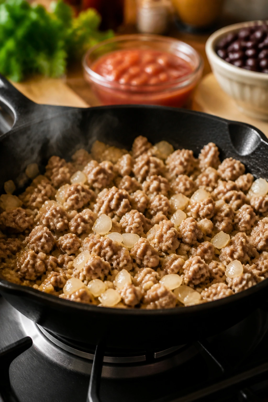 Sizzling turkey and onion in a skillet during quick cooking steps