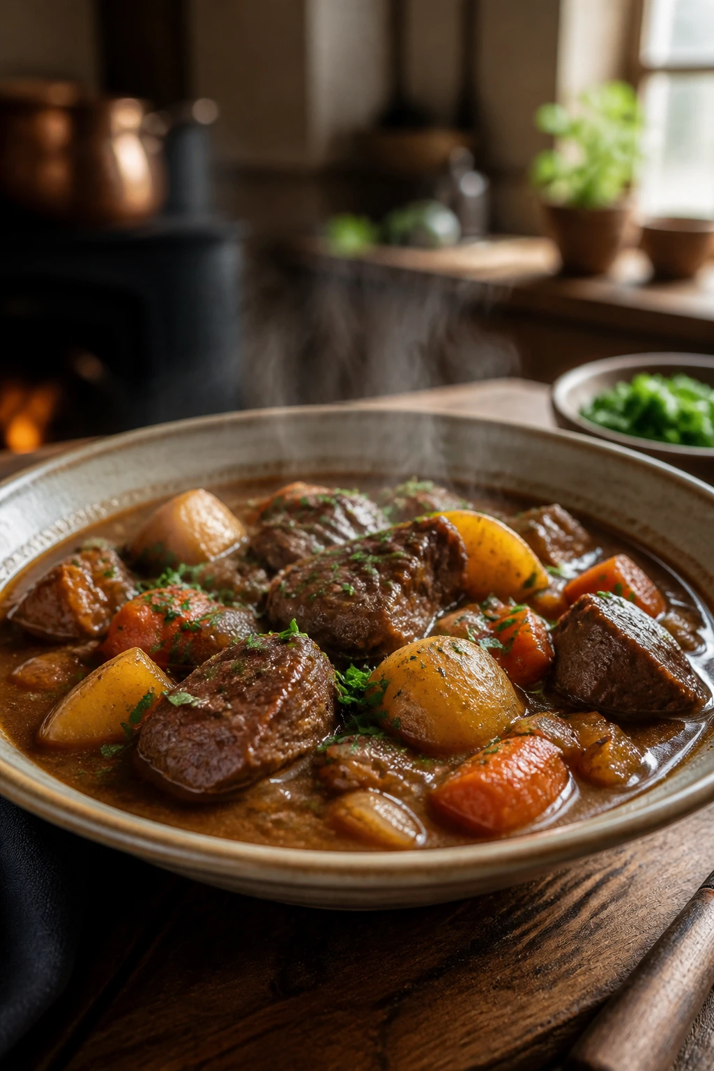Stew served in a wide shallow bowl on a wooden table