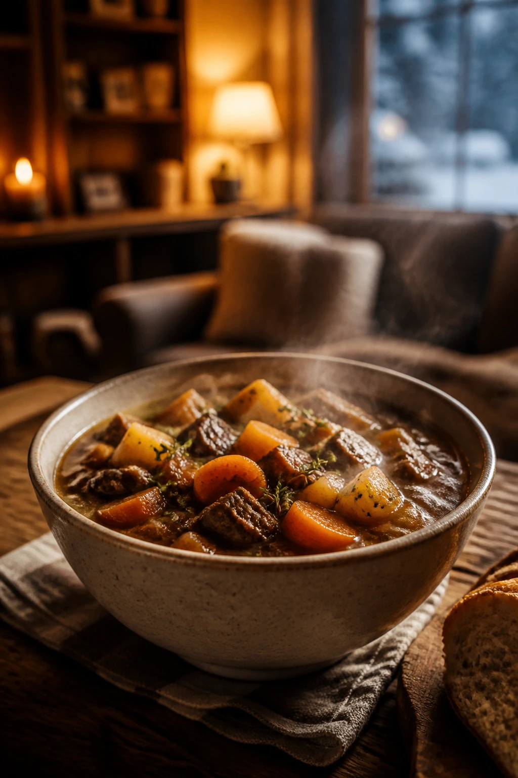 Steaming bowl of hearty stew in a cozy room setting