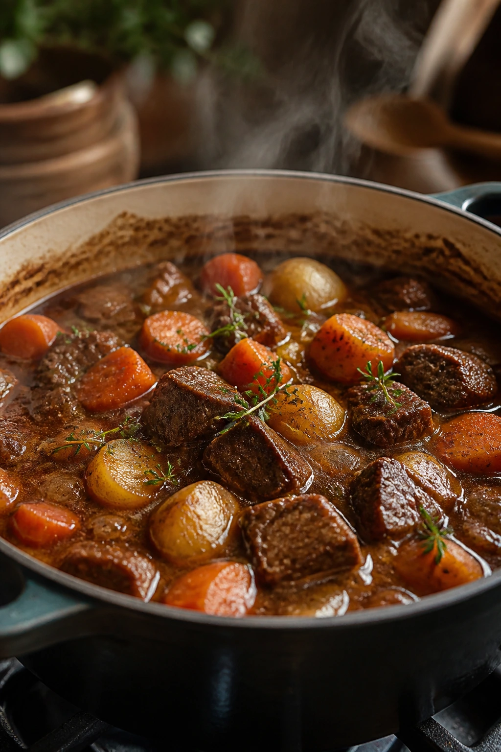 Close-up of a bubbling beef stew in a rustic pot on a stove with warm kitchen ambiance