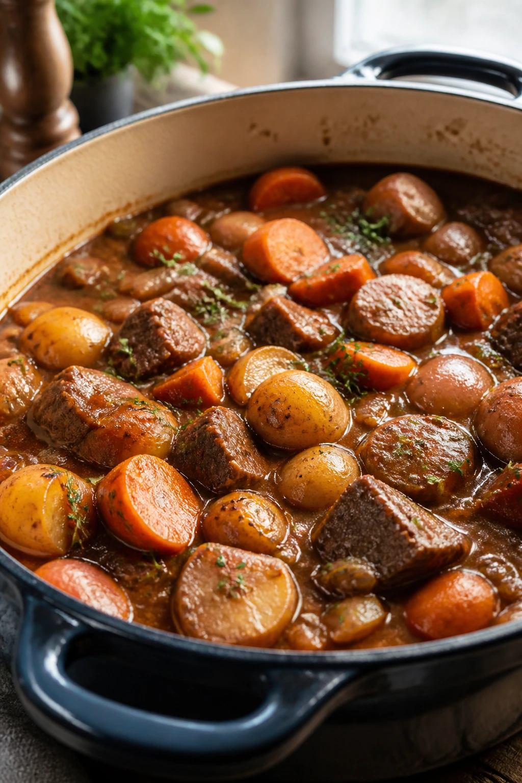 Close-up of glossy stew in a pot with warm kitchen lighting