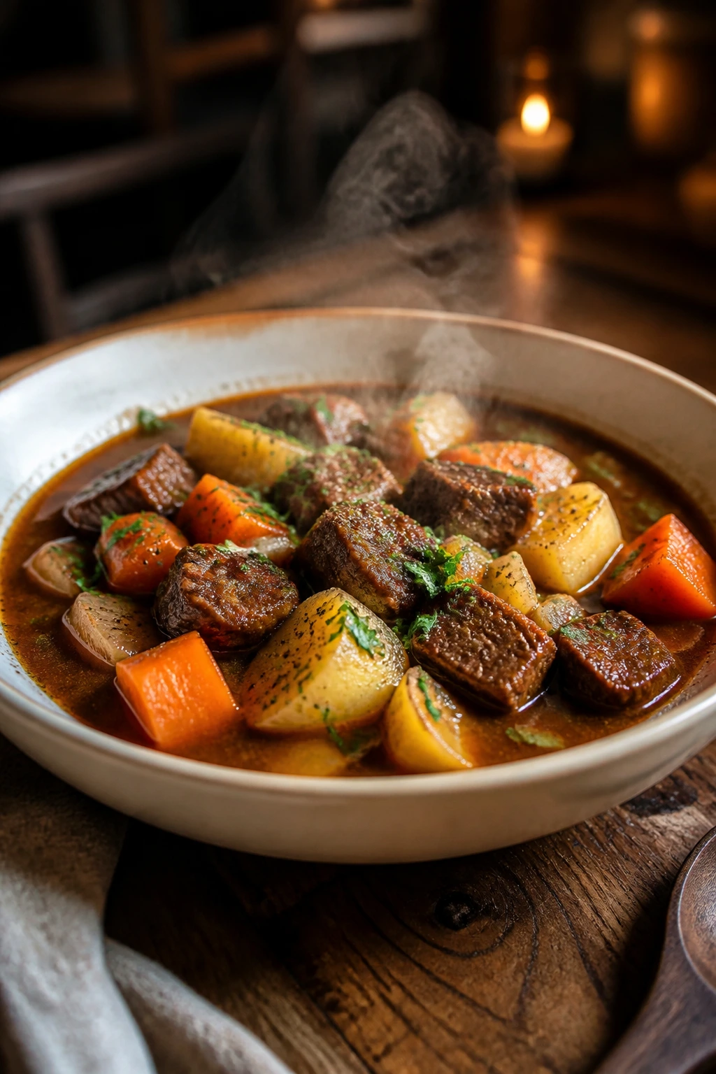 Shallow bowl of stew with meat and vegetables served warmly