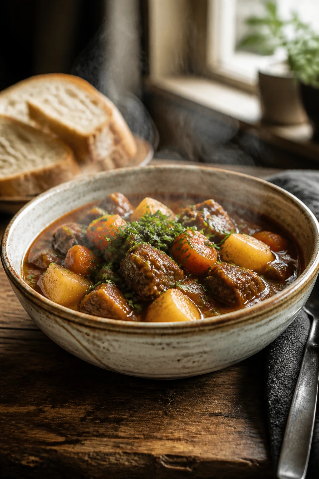 Steaming bowl of hearty stew with parsley garnish