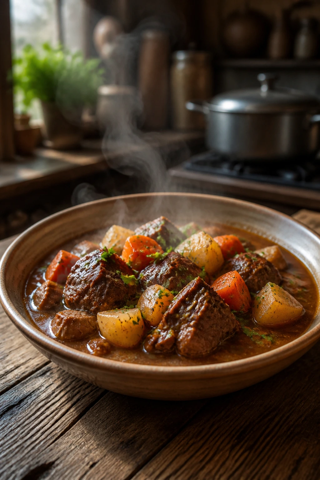 Close-up of a steaming shallow bowl of braised stew in a cozy kitchen