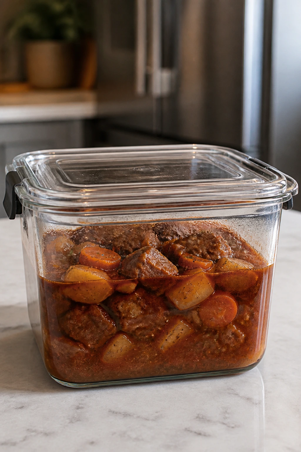 Glass storage container of stew on kitchen counter