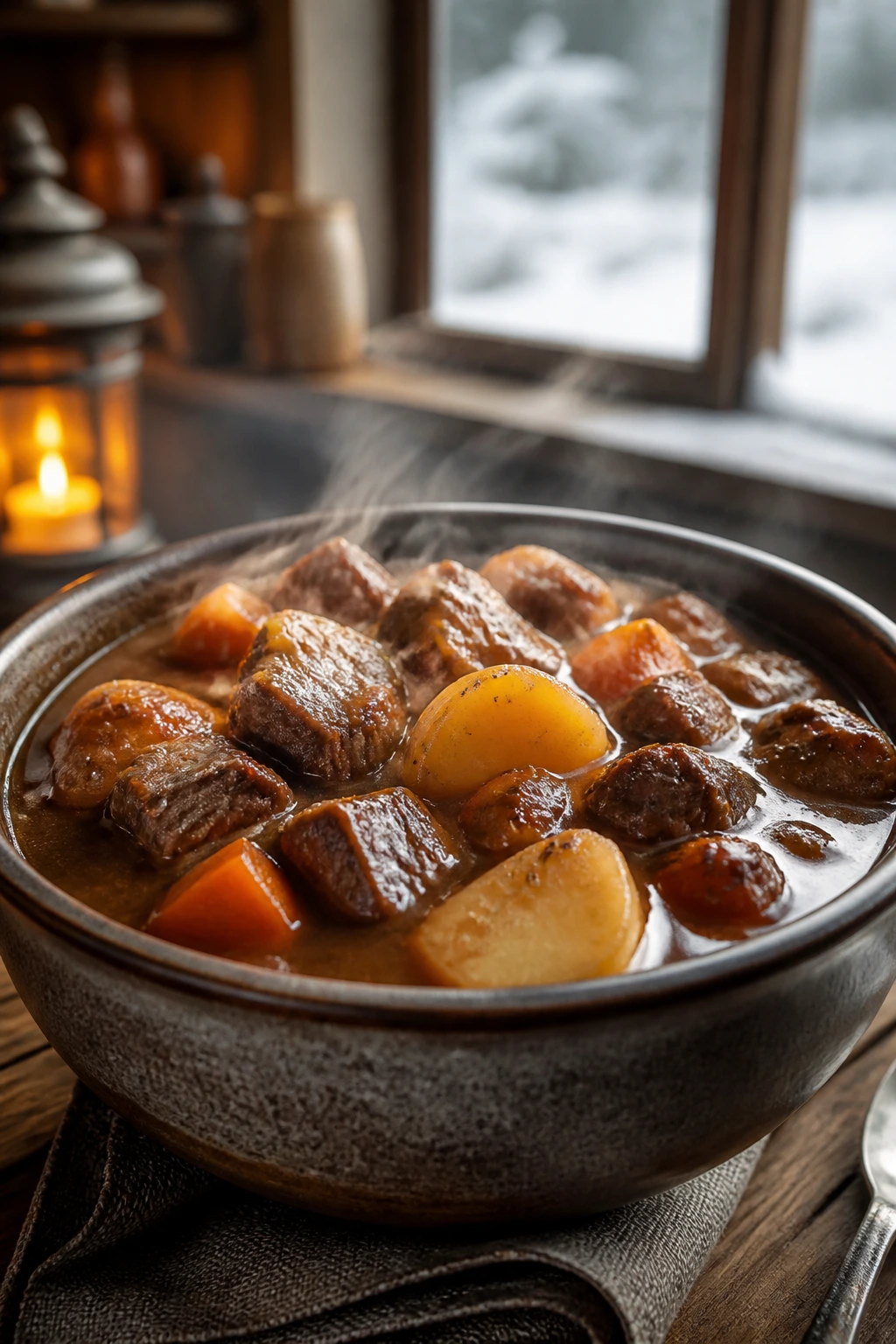Stews close-up in rustic bowl with beef, potatoes, and carrots; warm kitchen with snow outside