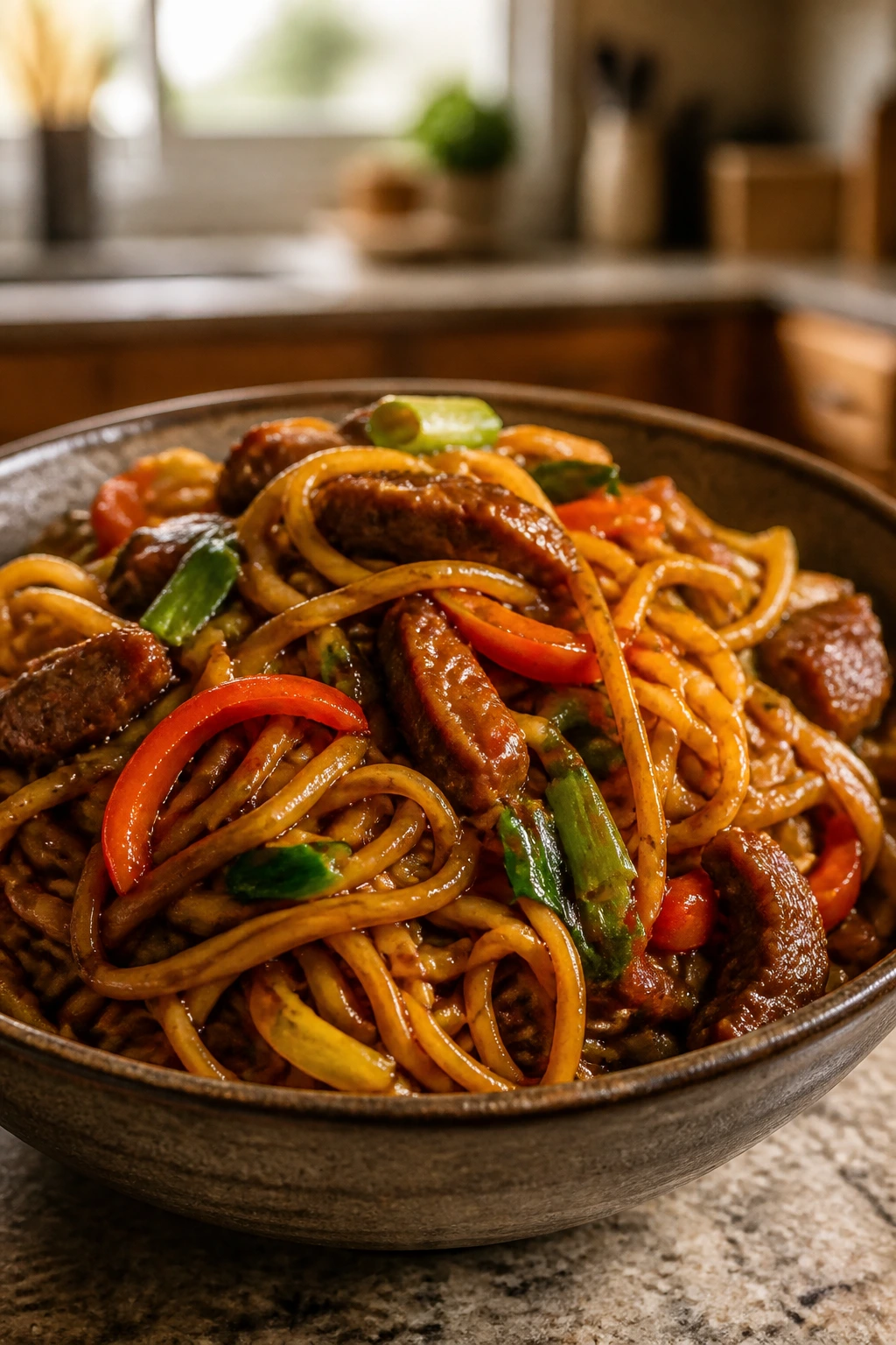 Noodle bowl close-up with glossy sauce and vegetables