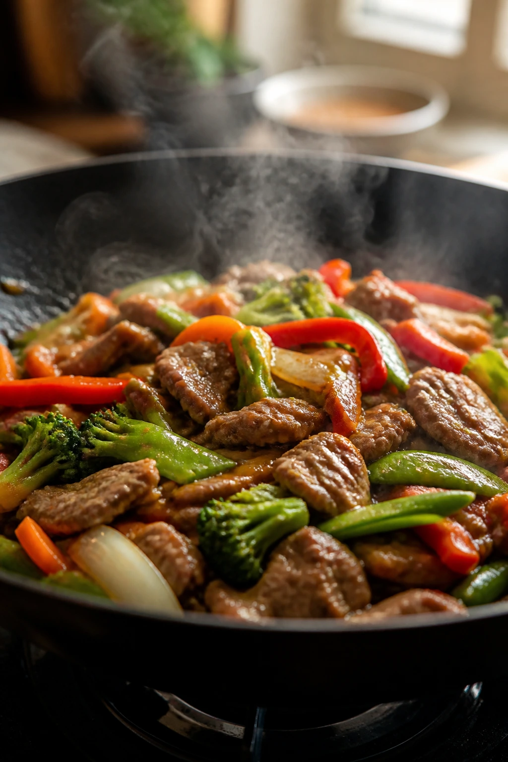 Close-up of a sizzling wok with thin-sliced protein and crisp vegetables in glossy stir-fry sauce