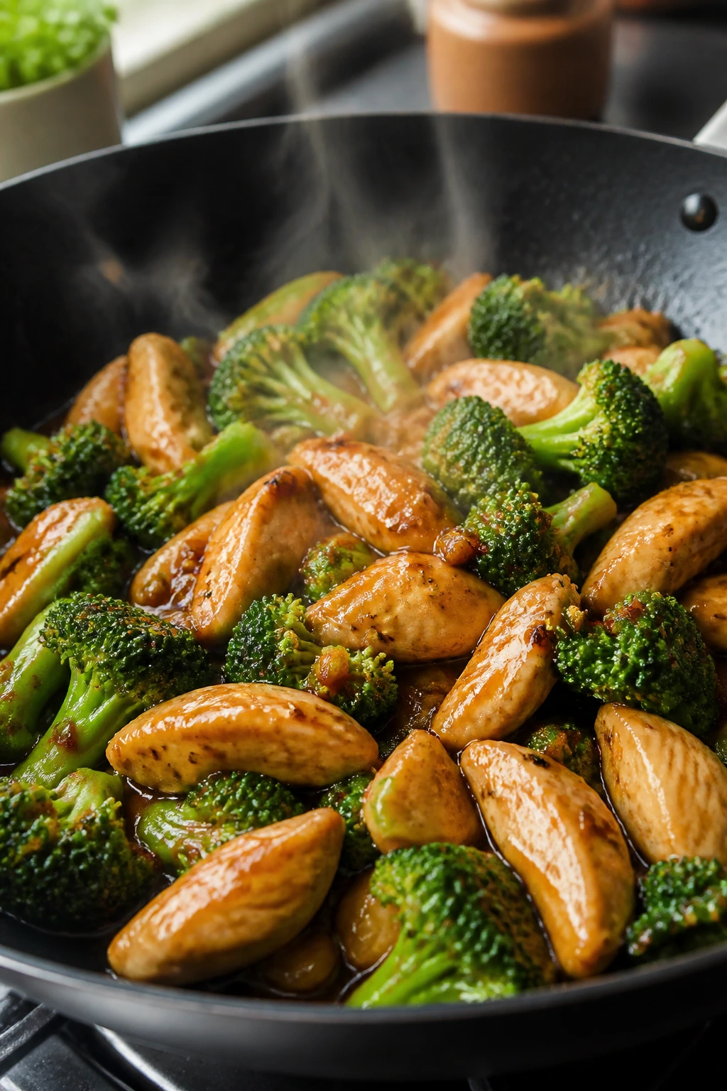 Close-up of chicken and broccoli stir-fry in sesame-ginger sauce cooking in a wok