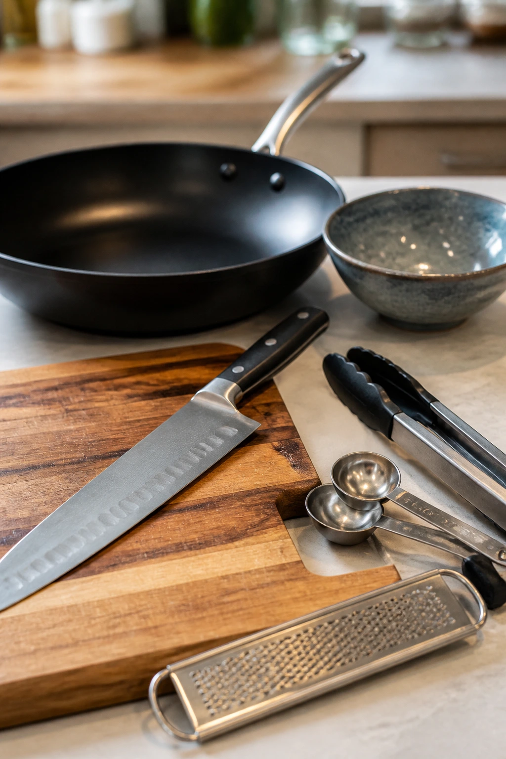 Close-up of essential stir-fry equipment on a kitchen counter